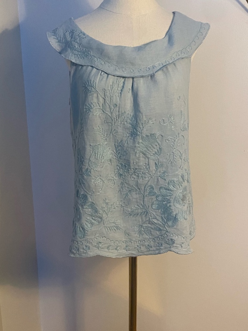 Meadow Rue (Anthropologie)  Light Blue Embroidered  Linen Sleeveless Top